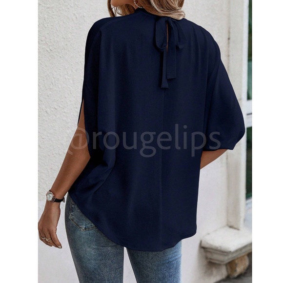 Navy Blue Blouse Top Flowy, High Neck - Picture 5 of 11